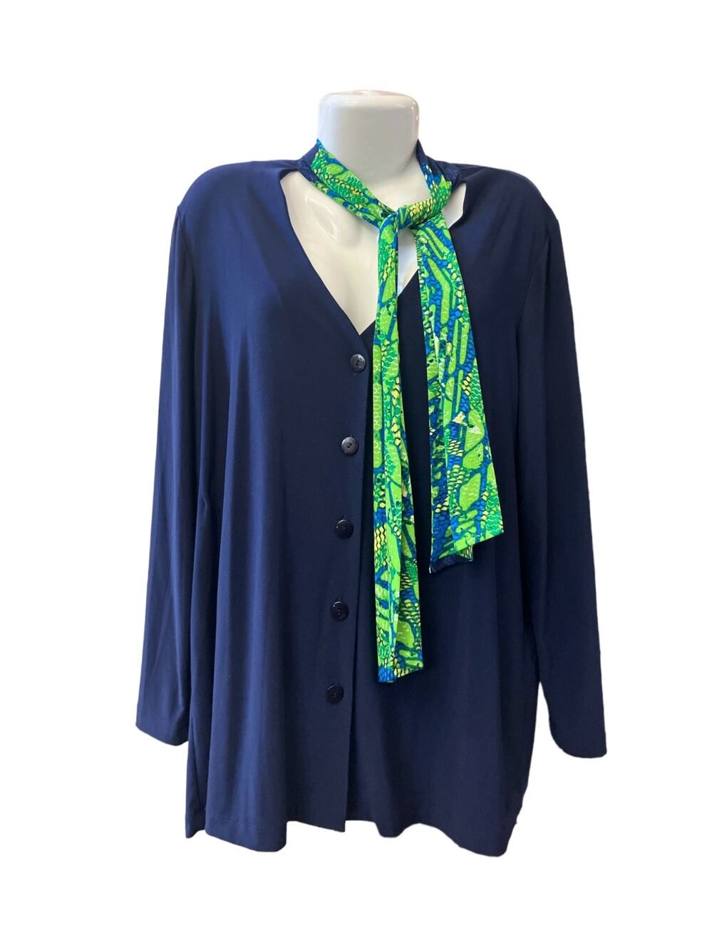 CSC Studio Carolyn Strauss Women's Navy wGreen Tie-Neck Button-Up Cardigan SZ XL